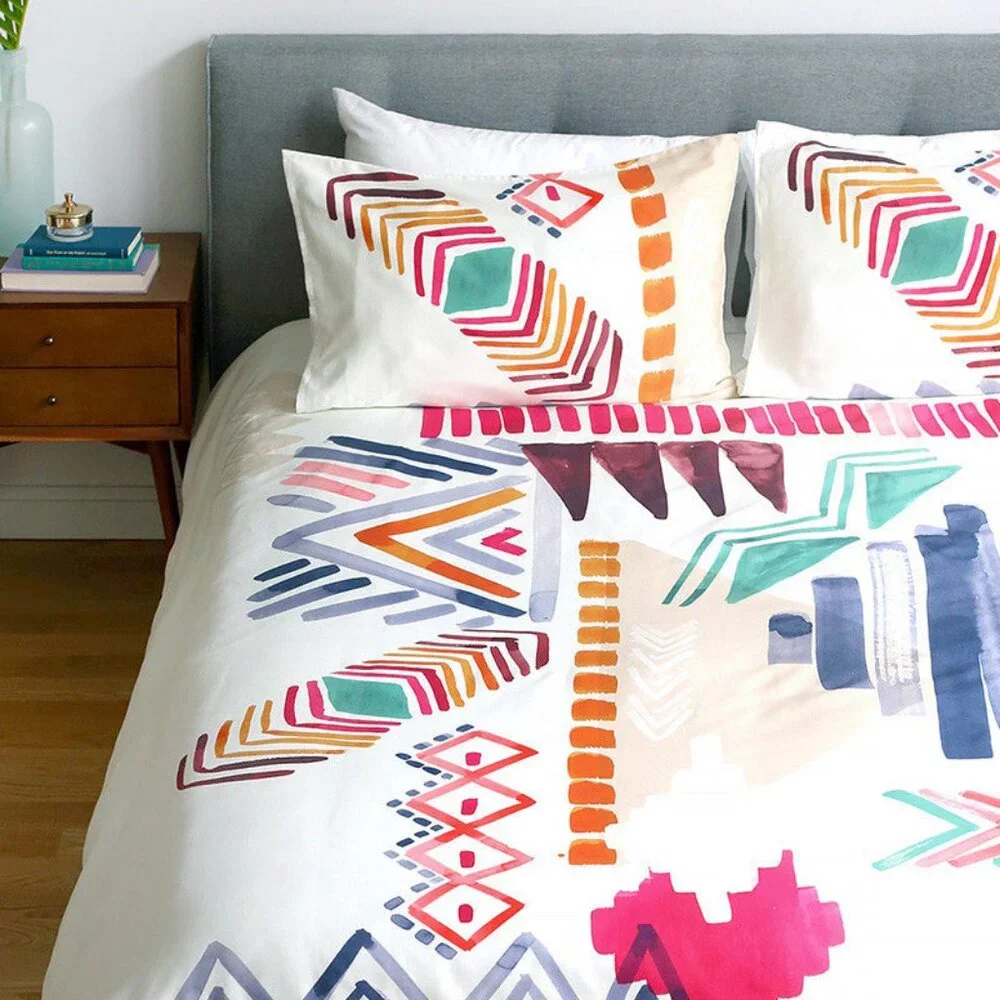 ColorFLy White Multicolor Lane Prism Retro Brushstrokes Cotton Full Duvet Set